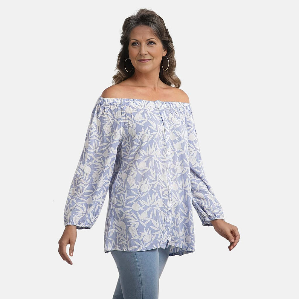 100% Viscose Leaf Pattern Off Shoulder Top (Size-20) - Light Blue