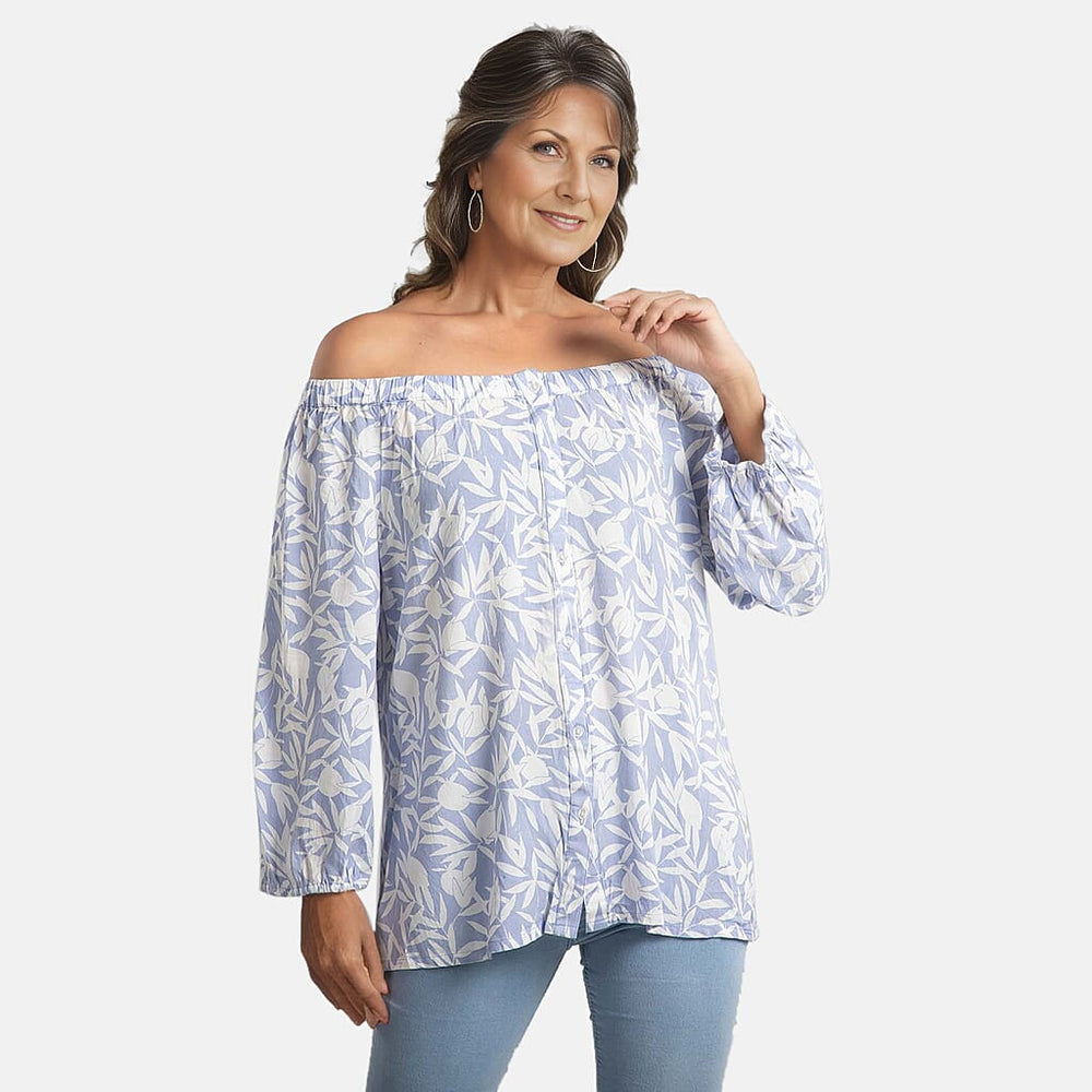 100% Viscose Leaf Pattern Off Shoulder Top (Size-22) - Light Blue