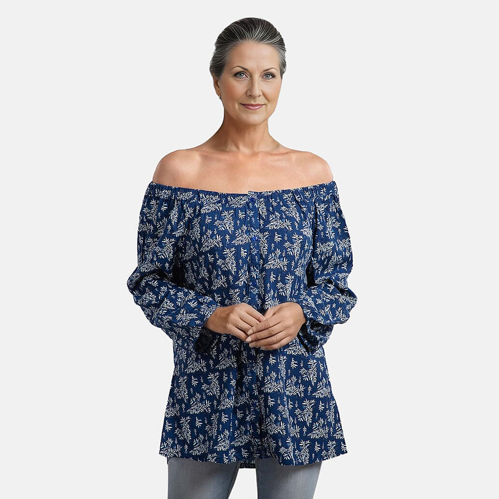 100% Viscose Leaf Pattern Off Shoulder Top (Size-12) - Navy
