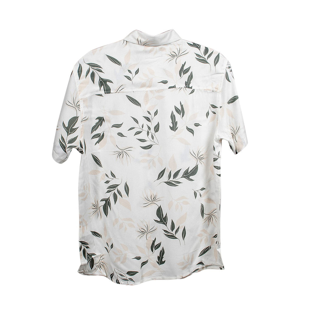 Leaf Print Half Sleeves Mens Viscose Shirt (Size L) - White