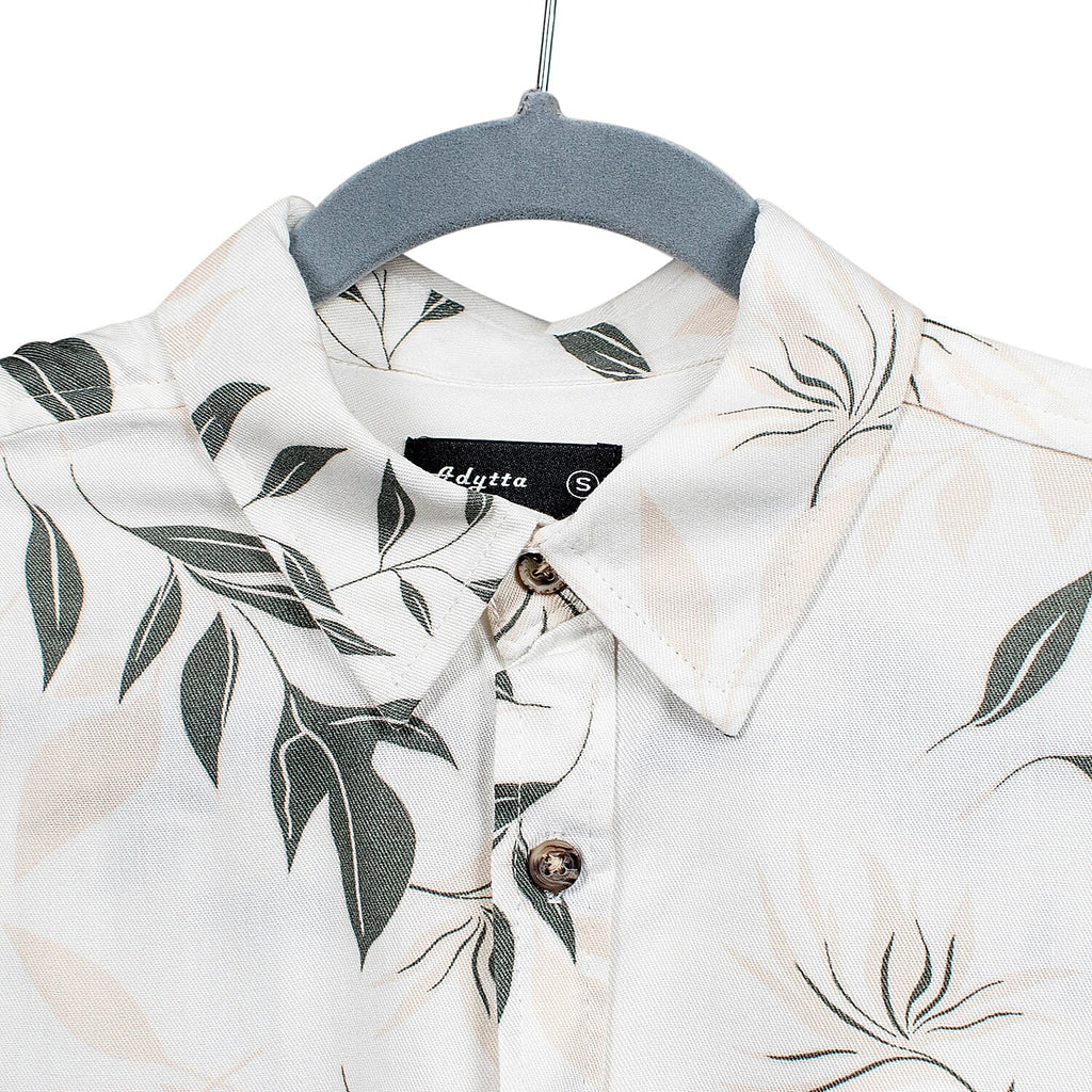 Leaf Print Half Sleeves Mens Viscose Shirt (Size L) - White