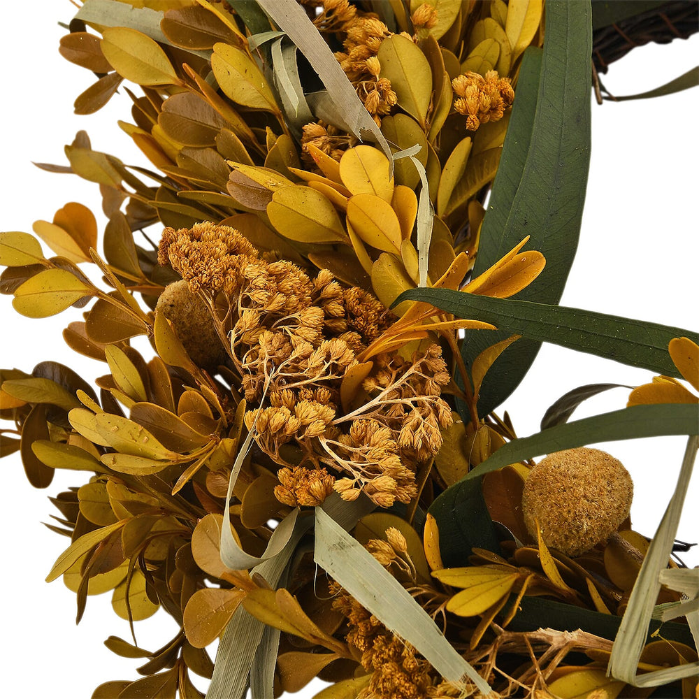 Natural Leaf Autumnal Wreath Decoration (36cm) - Green - Yellow
