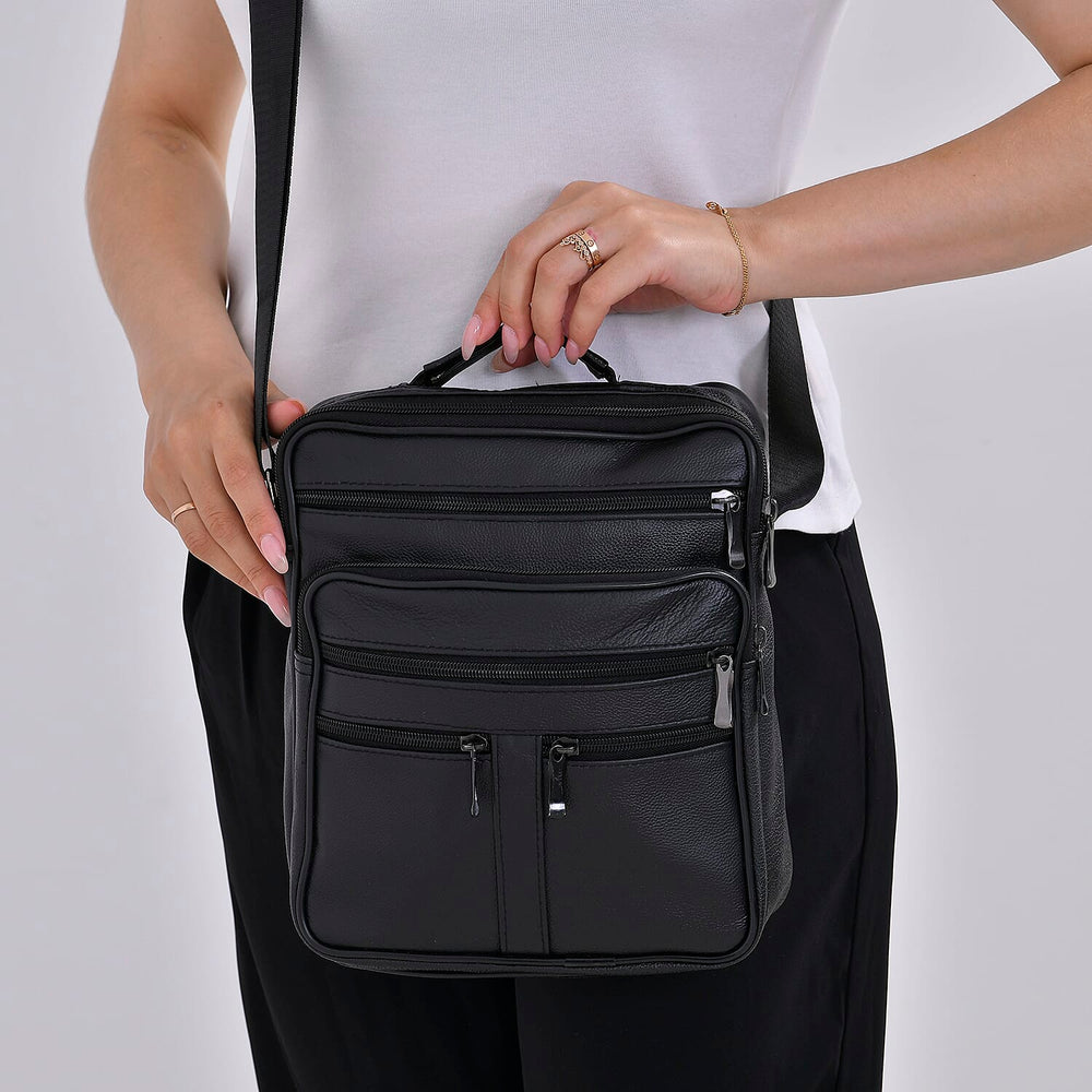 Leather Croc Emobossed Crossbody Bag (Size 23x10x28 cm) - Black & Black