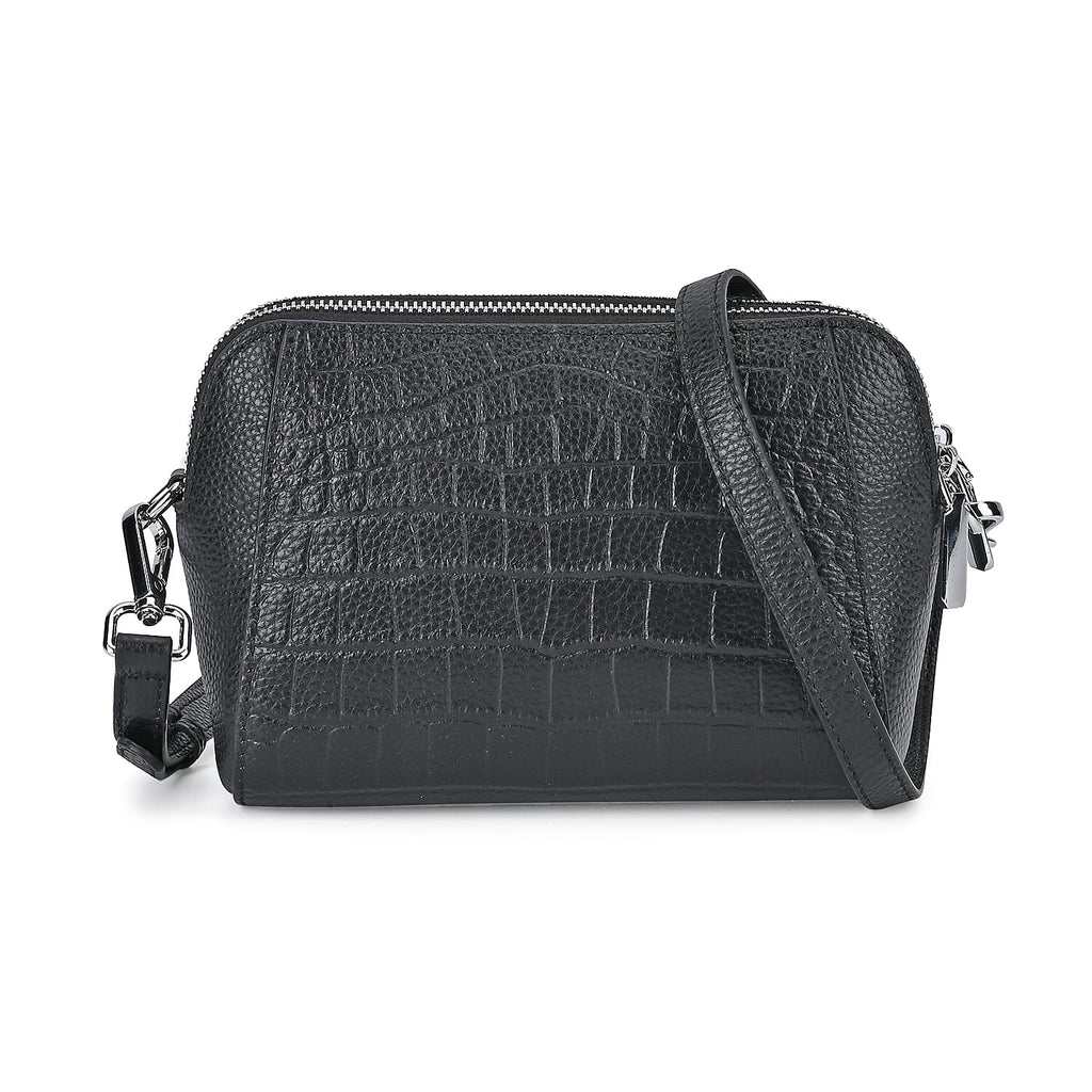 100% Genuine Leather Croco Embossed Crossbody Bag (Size 18x8x14 cm) - Black