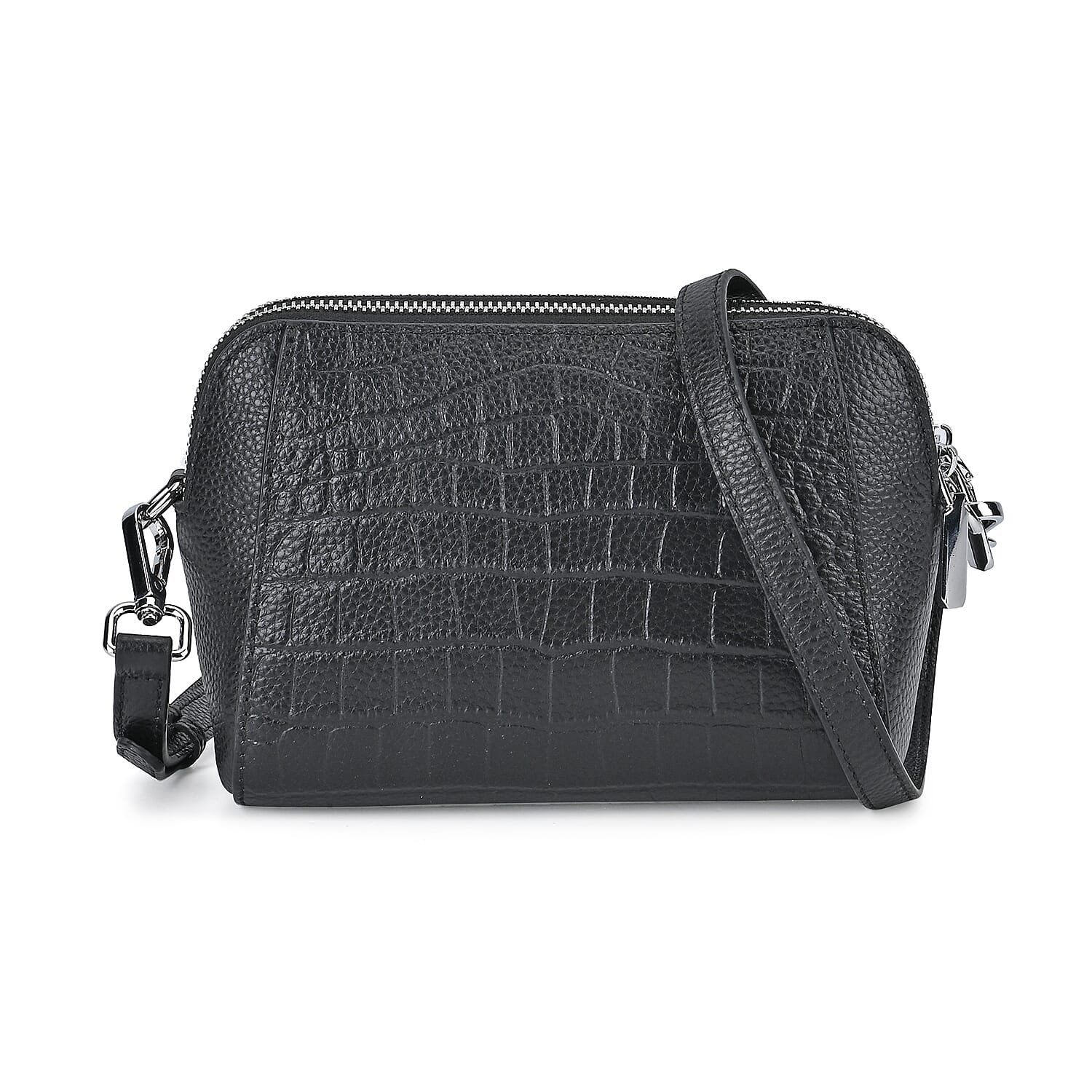 100% Genuine Leather Croco Embossed Crossbody Bag (Size 18x8x14 cm) - Black