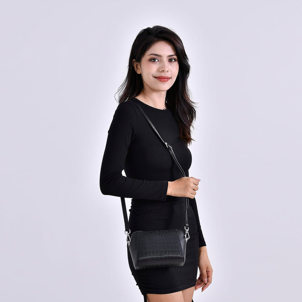 100% Genuine Leather Croco Embossed Crossbody Bag (Size 18x8x14 cm) - Black