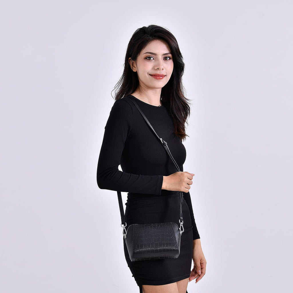 100% Genuine Leather Croco Embossed Crossbody Bag (Size 18x8x14 cm) - Black