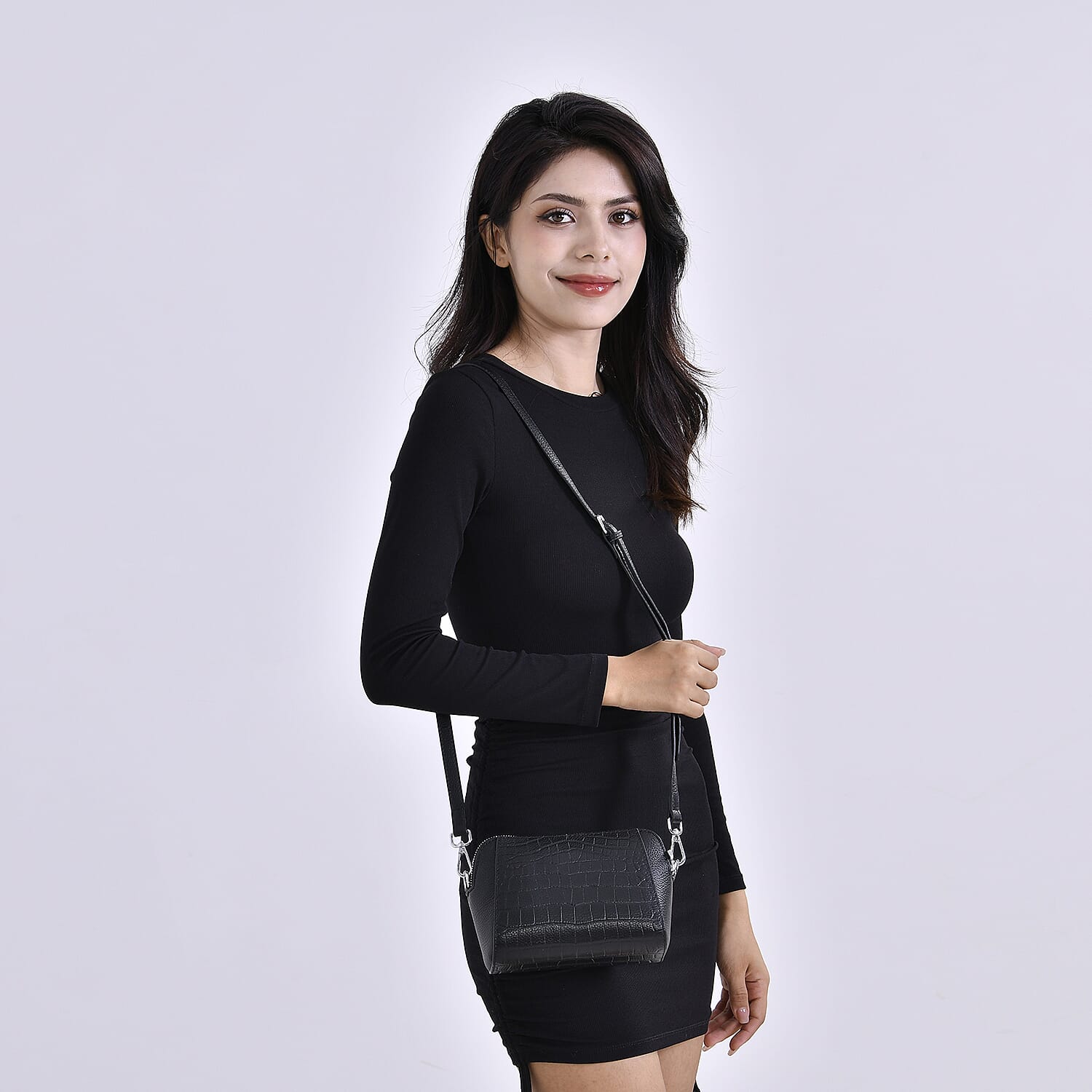 100% Genuine Leather Croco Embossed Crossbody Bag (Size 18x8x14 cm) - Black