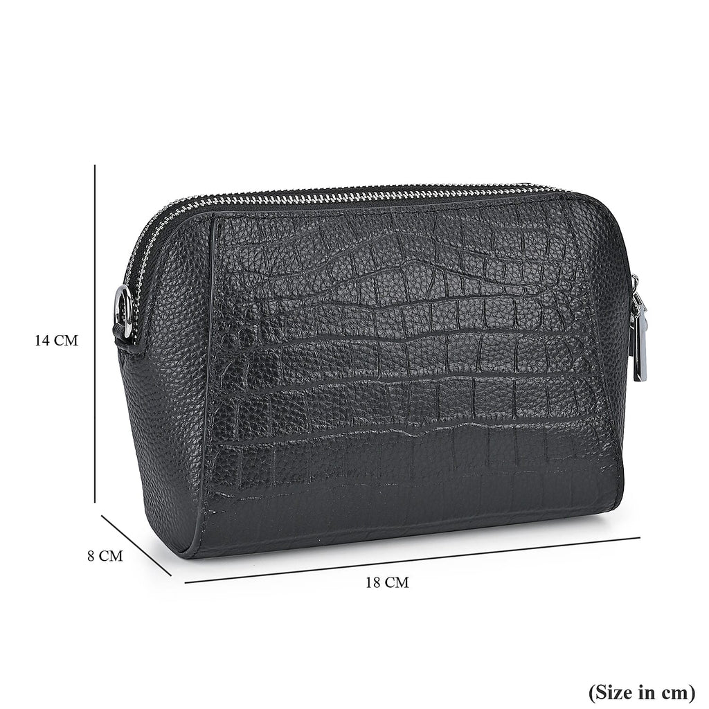 100% Genuine Leather Croco Embossed Crossbody Bag (Size 18x8x14 cm) - Black