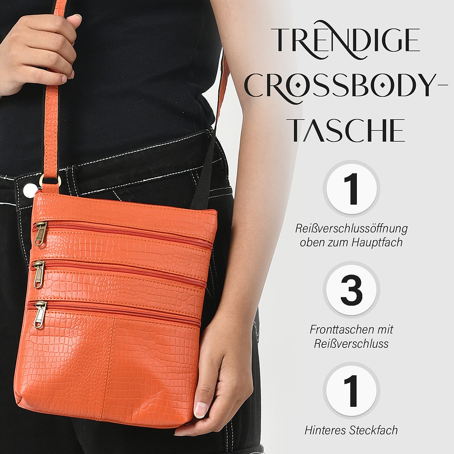 100% Genuine Leather Croco Embossed Crossbody Bag With Shoulder Strap - Orange
