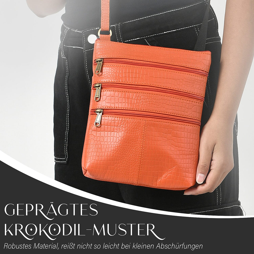 100% Genuine Leather Croco Embossed Crossbody Bag With Shoulder Strap - Orange
