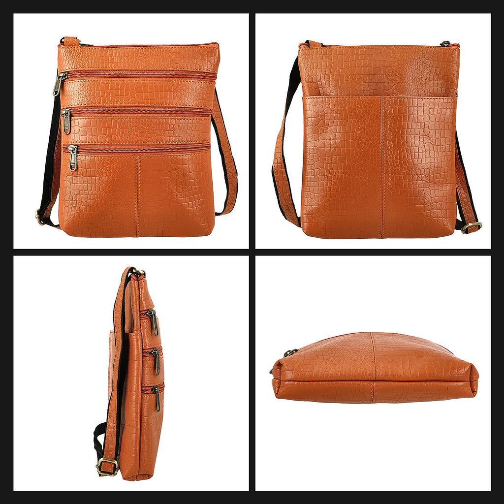 100% Genuine Leather Croco Embossed Crossbody Bag With Shoulder Strap - Orange