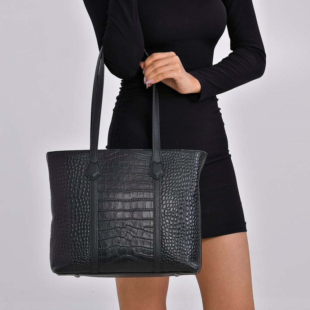 Leather Croco Embossed Tote Bag (Size 38x12x27 cm) - Black & Black