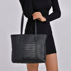 Leather Croco Embossed Tote Bag (Size 38x12x27 cm) - Black & Black