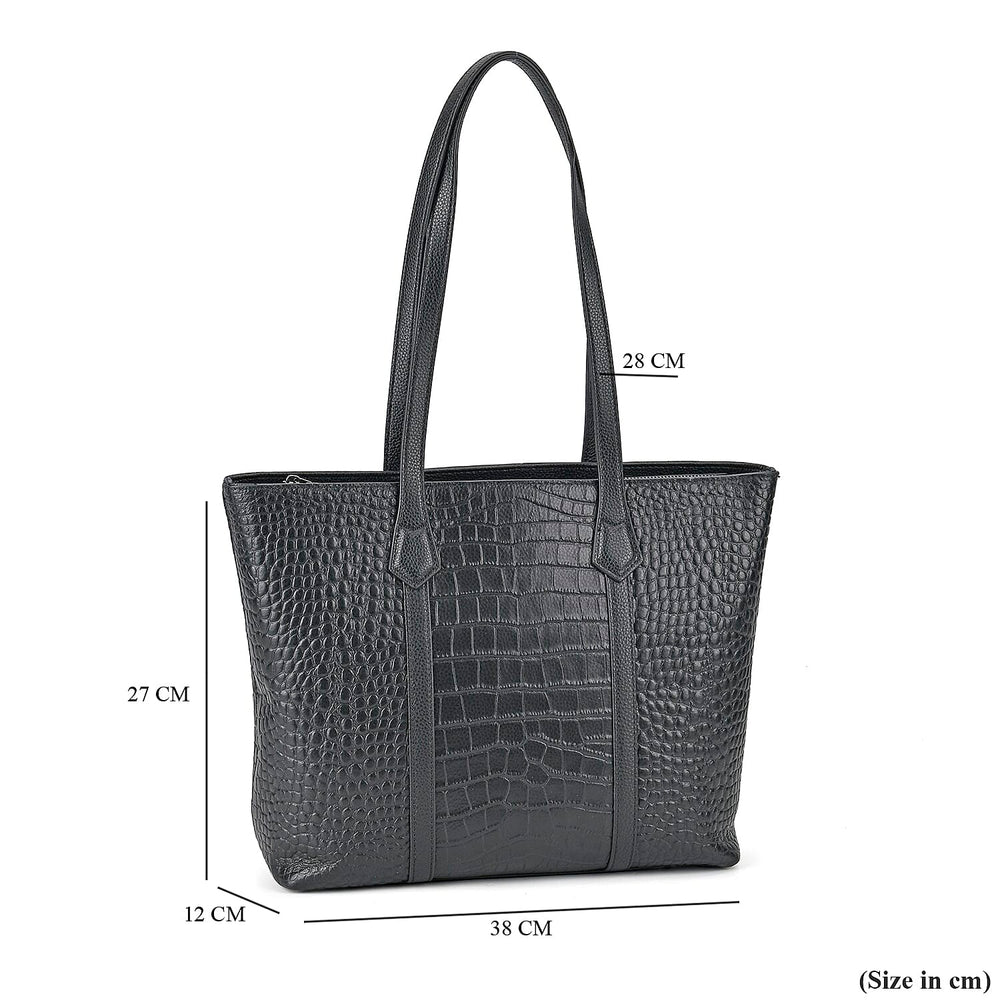 Leather Croco Embossed Tote Bag (Size 38x12x27 cm) - Black & Black
