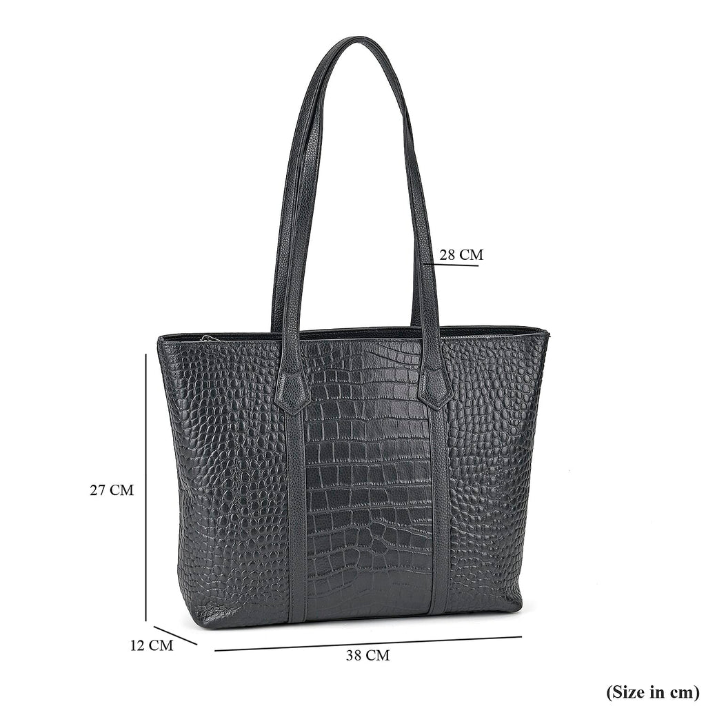 Leather Croco Embossed Tote Bag (Size 38x12x27 cm) - Black & Black