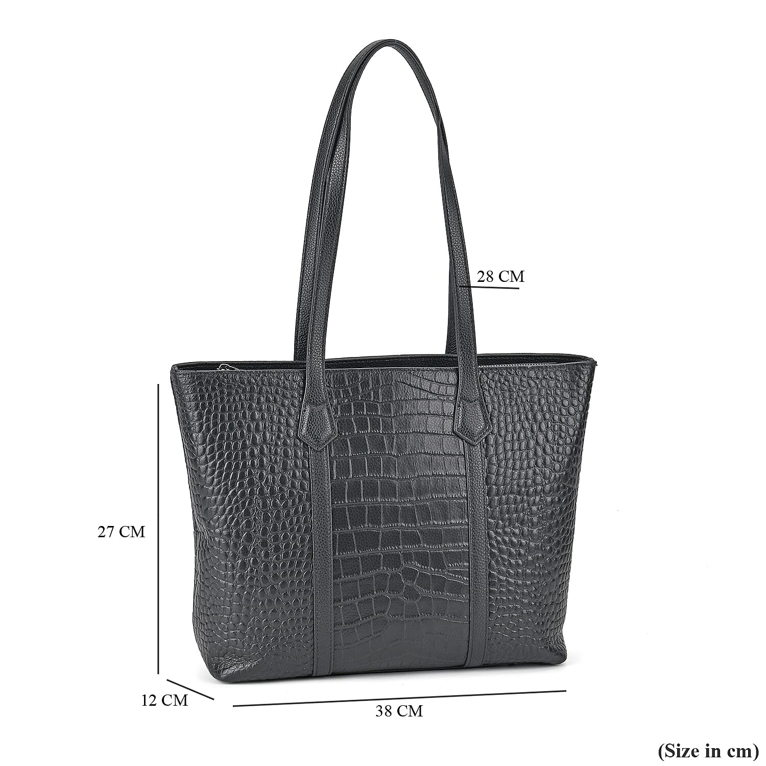 Leather Croco Embossed Tote Bag (Size 38x12x27 cm) - Black & Black