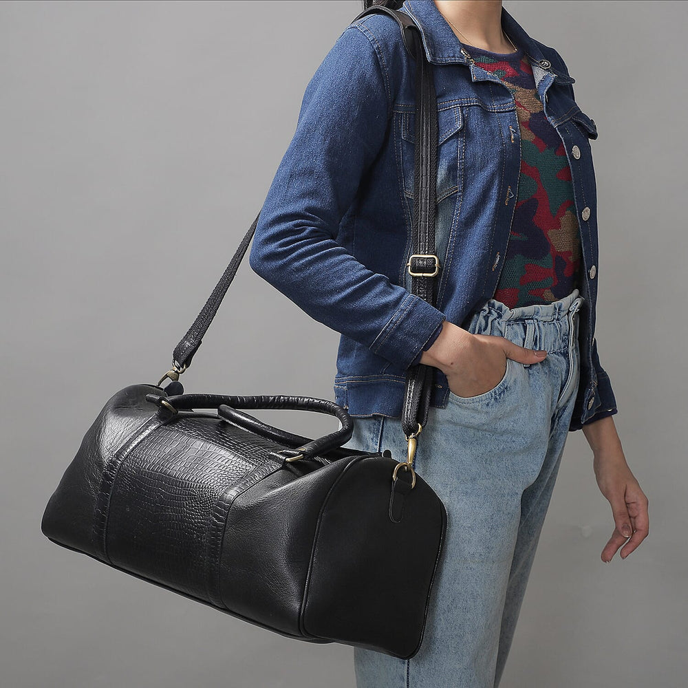 Set of 2 100% Leather Croco Embossed Luggage Duffle Bag with Crossbody Bag - Black