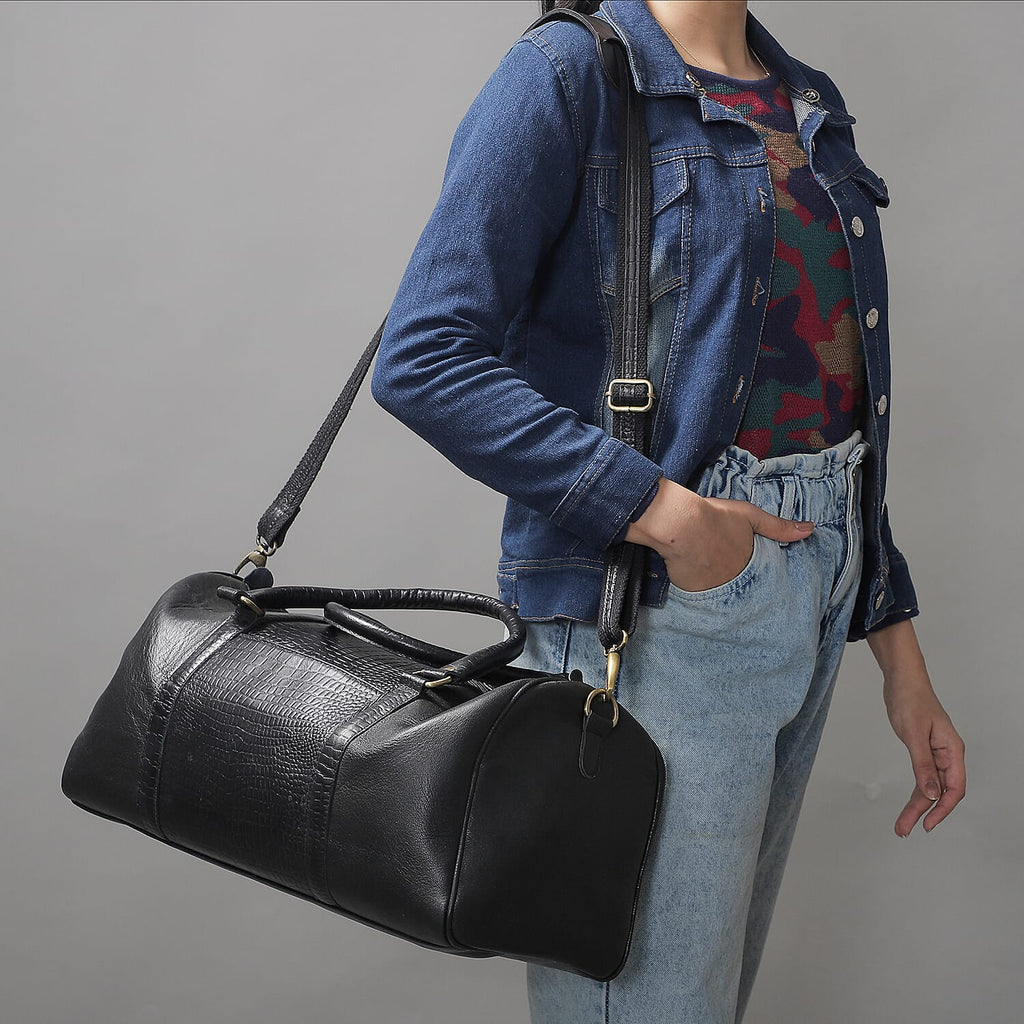 Set of 2 100% Leather Croco Embossed Luggage Duffle Bag with Crossbody Bag - Black