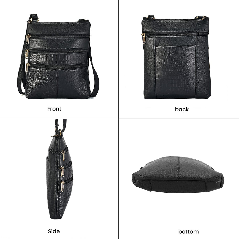 Set of 2 100% Leather Croco Embossed Luggage Duffle Bag with Crossbody Bag - Black