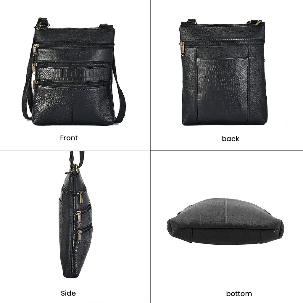 Set of 2 100% Leather Croco Embossed Luggage Duffle Bag with Crossbody Bag - Black