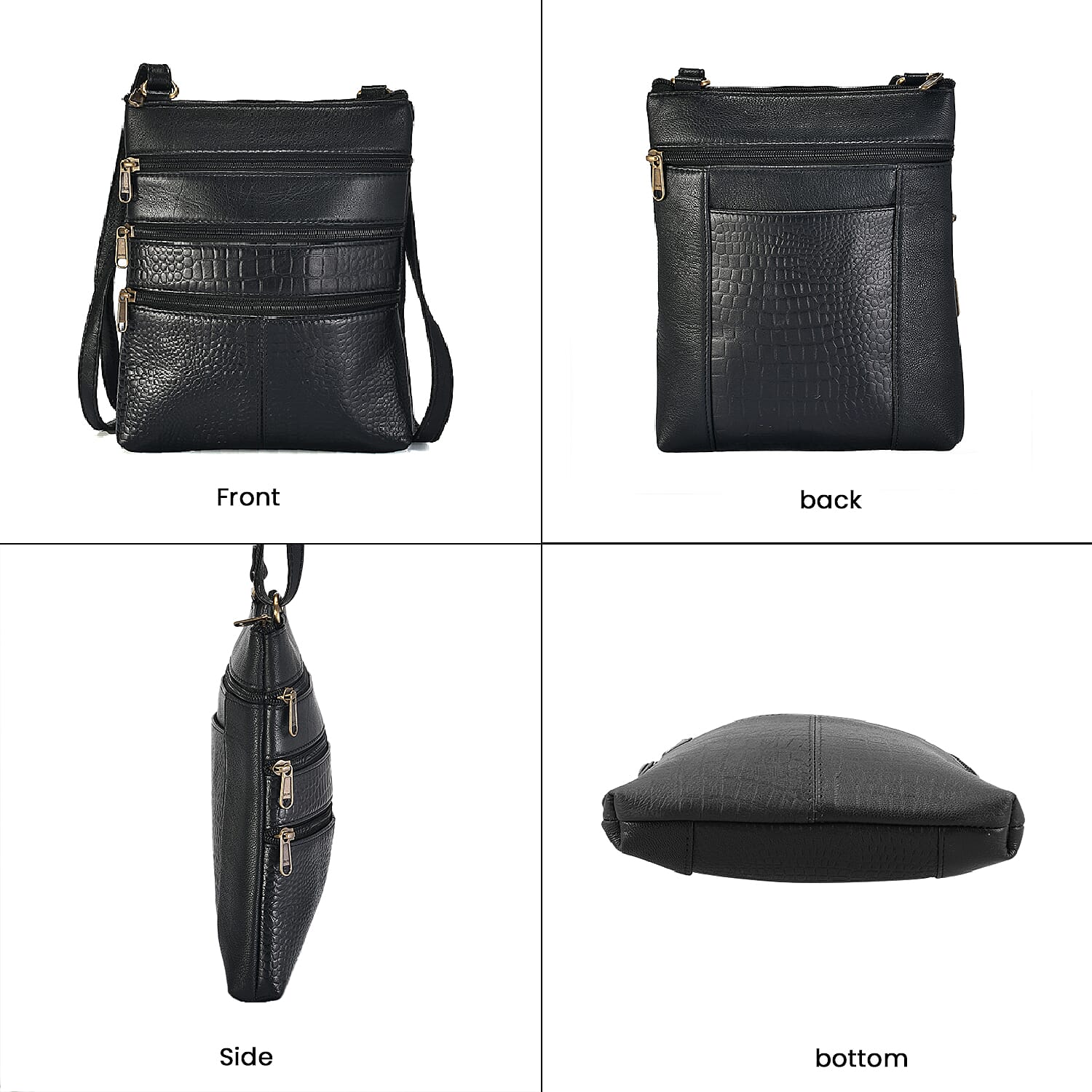 Set of 2 100% Leather Croco Embossed Luggage Duffle Bag with Crossbody Bag - Black