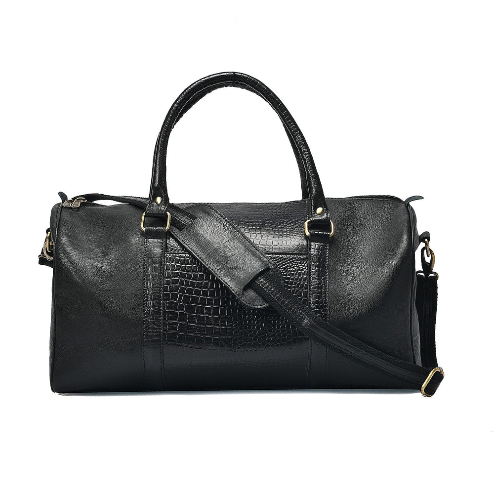 Set of 2 100% Leather Croco Embossed Luggage Duffle Bag with Crossbody Bag - Black