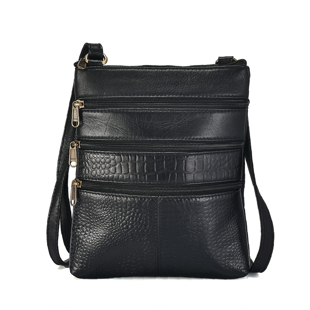 Set of 2 100% Leather Croco Embossed Luggage Duffle Bag with Crossbody Bag - Black