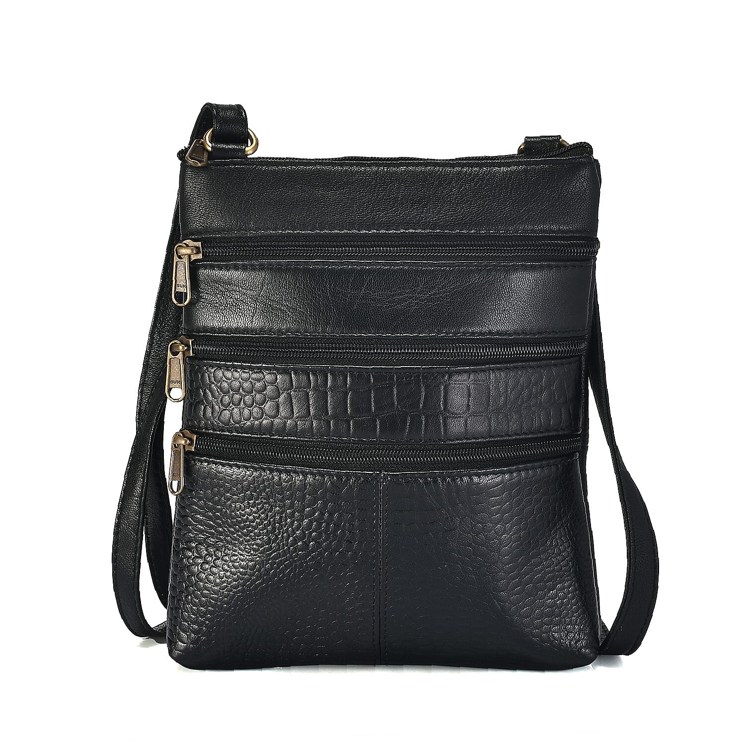 Set of 2 100% Leather Croco Embossed Luggage Duffle Bag with Crossbody Bag - Black