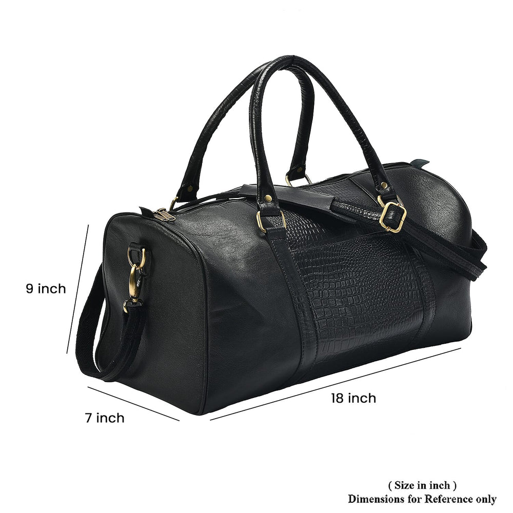 Set of 2 100% Leather Croco Embossed Luggage Duffle Bag with Crossbody Bag - Black
