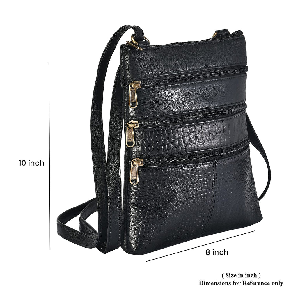 Set of 2 100% Leather Croco Embossed Luggage Duffle Bag with Crossbody Bag - Black