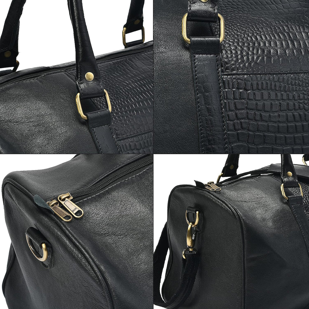 Set of 2 100% Leather Croco Embossed Luggage Duffle Bag with Crossbody Bag - Black