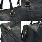 Set of 2 100% Leather Croco Embossed Luggage Duffle Bag with Crossbody Bag - Black