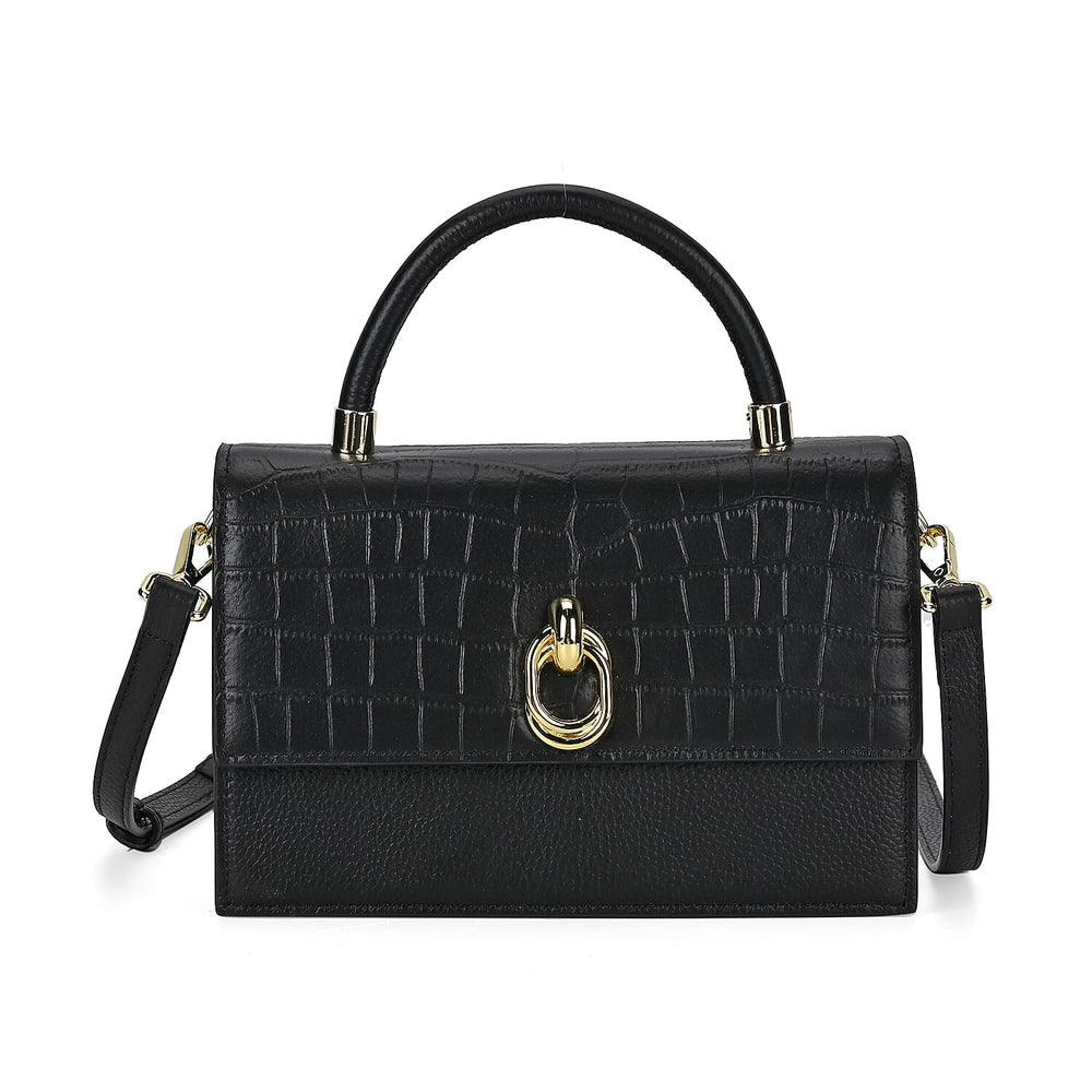 Designer Closeout - Genuine Leather Croc Embossed Crossbody Bag - Black