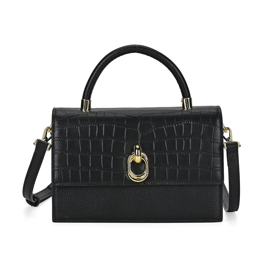 Designer Closeout - Genuine Leather Croc Embossed Crossbody Bag - Black