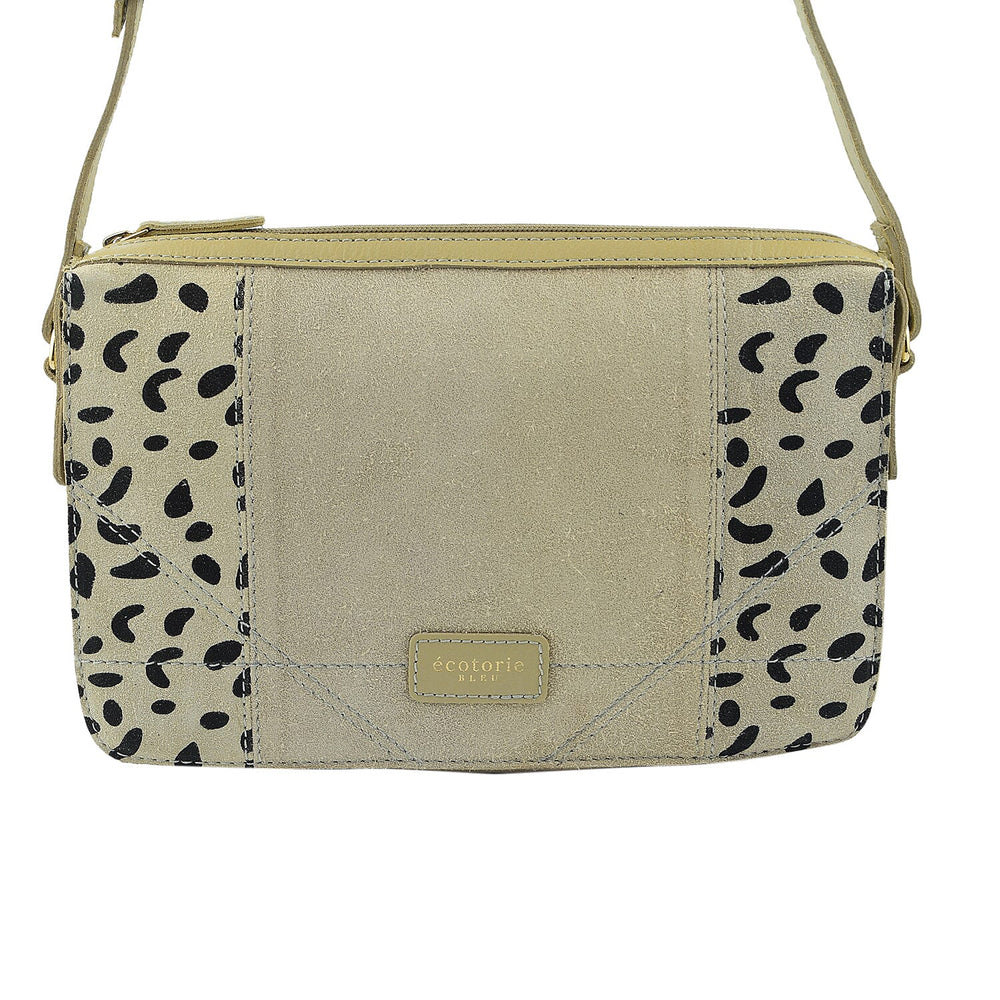 Closeout - Ecotorie Genuine Leather Leopard Printed Crossbody Bag With Shoulder Strap - Beige