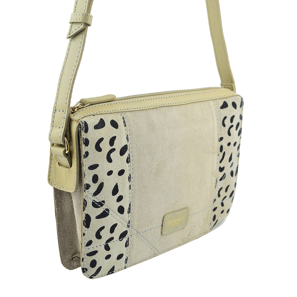 Closeout - Ecotorie Genuine Leather Leopard Printed Crossbody Bag With Shoulder Strap - Beige