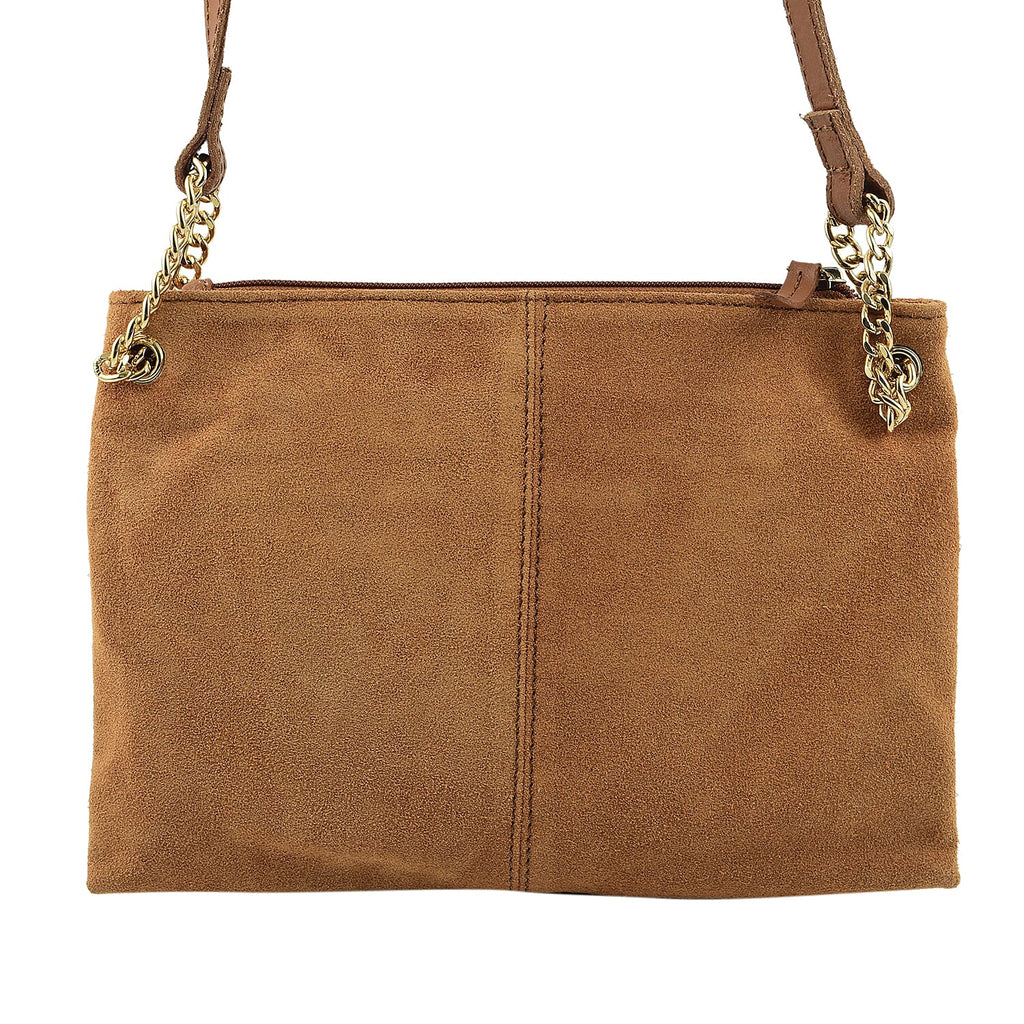 Closeout - Ecotorie Genuine Leather Leopard Printed Crossbody Bag With Chain Shoulder Strap - Cognac
