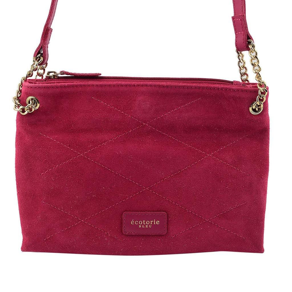 Closeout - Ecotorie Genuine Leather Leopard Printed Crossbody Bag With Chain Shoulder Strap - Fuschia