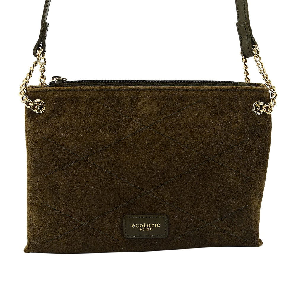 Closeout - Ecotorie Genuine Leather Leopard Printed Crossbody Bag With Chain Shoulder Strap - Olive