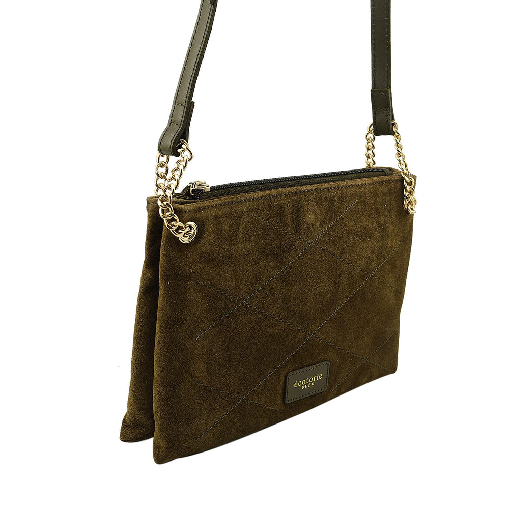 Closeout - Ecotorie Genuine Leather Leopard Printed Crossbody Bag With Chain Shoulder Strap - Olive
