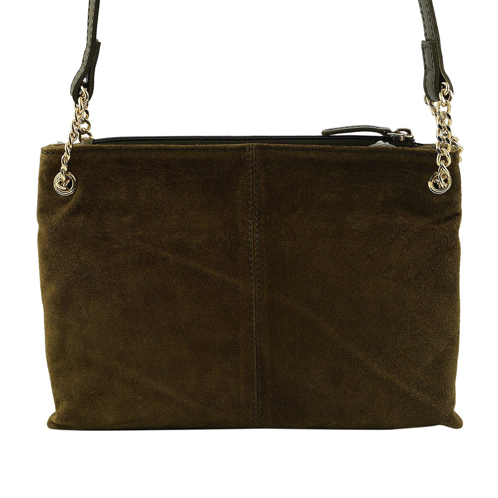 Closeout - Ecotorie Genuine Leather Leopard Printed Crossbody Bag With Chain Shoulder Strap - Olive