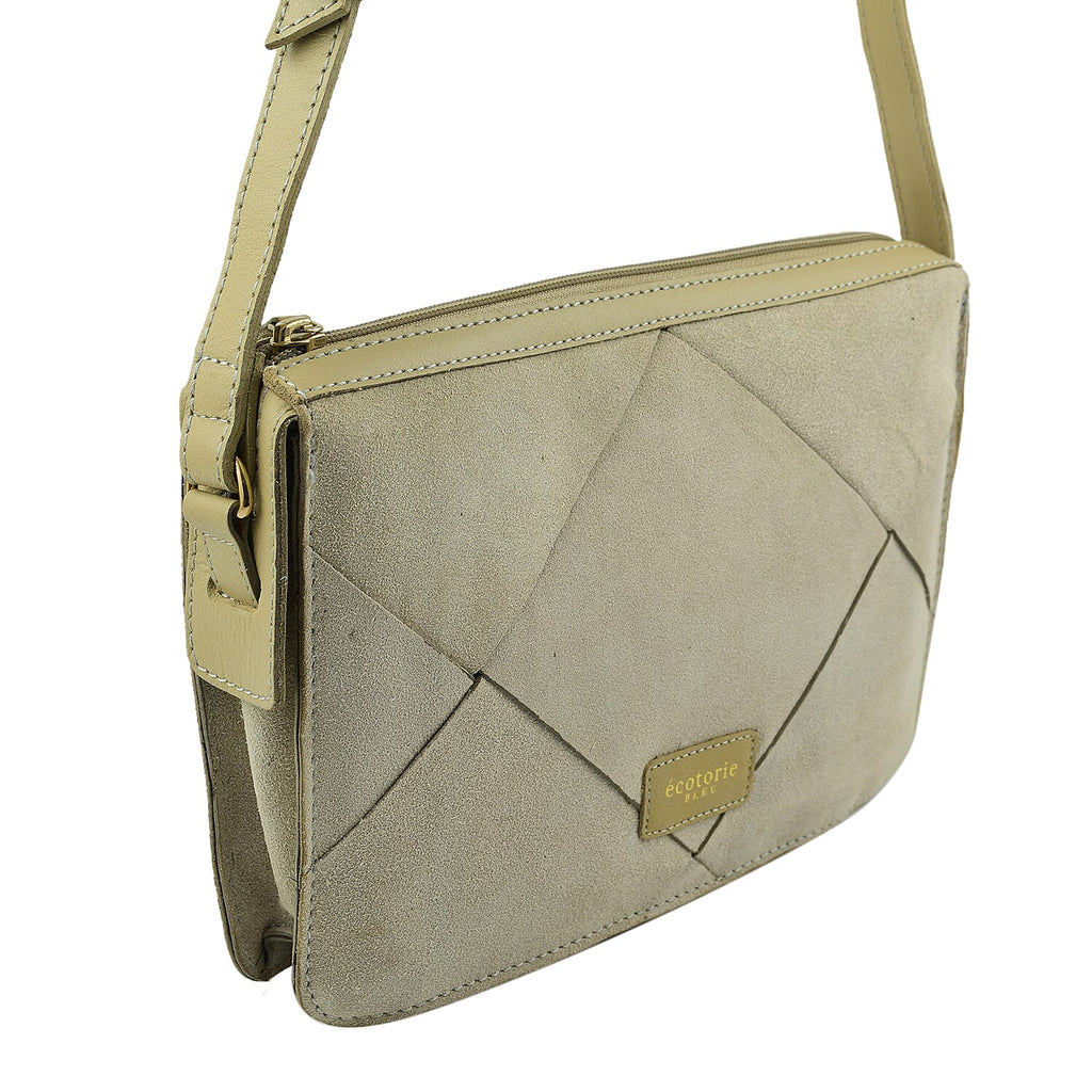 Closeout - Ecotorie Genuine Leather Crossbody Bag - Beige