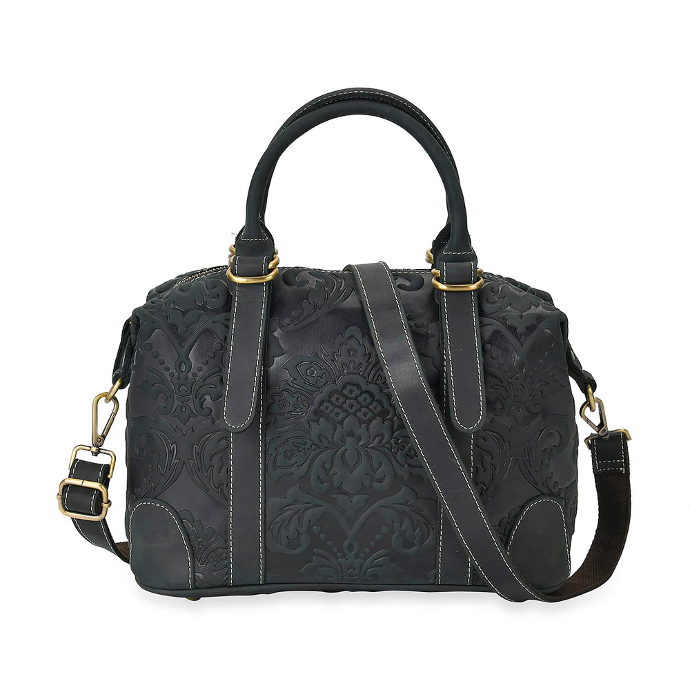 Vintage Boutique - Floral Embossed Genuine Leather Tote Bag With Long Shoulder Strap - Dark Green