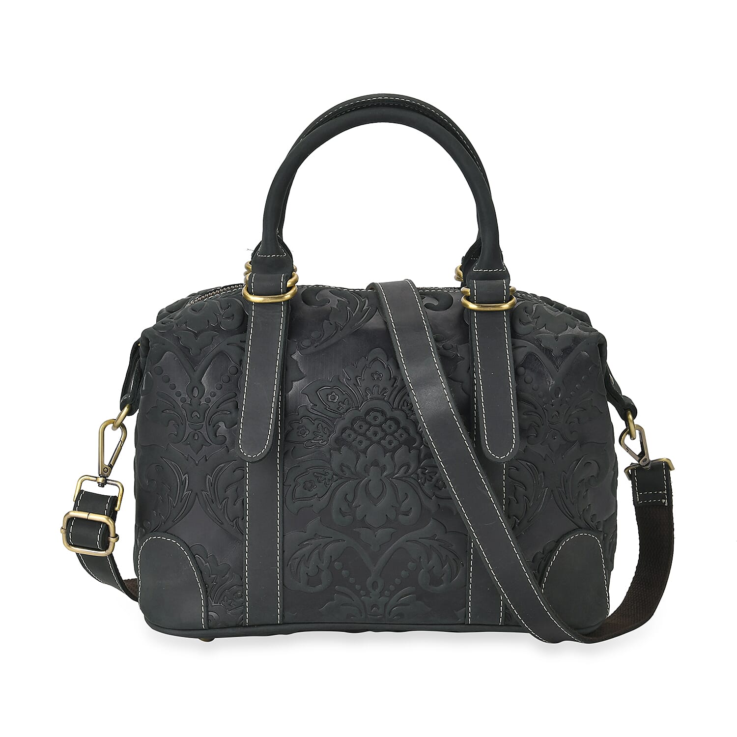 Vintage Boutique - Floral Embossed Genuine Leather Tote Bag With Long Shoulder Strap - Dark Green