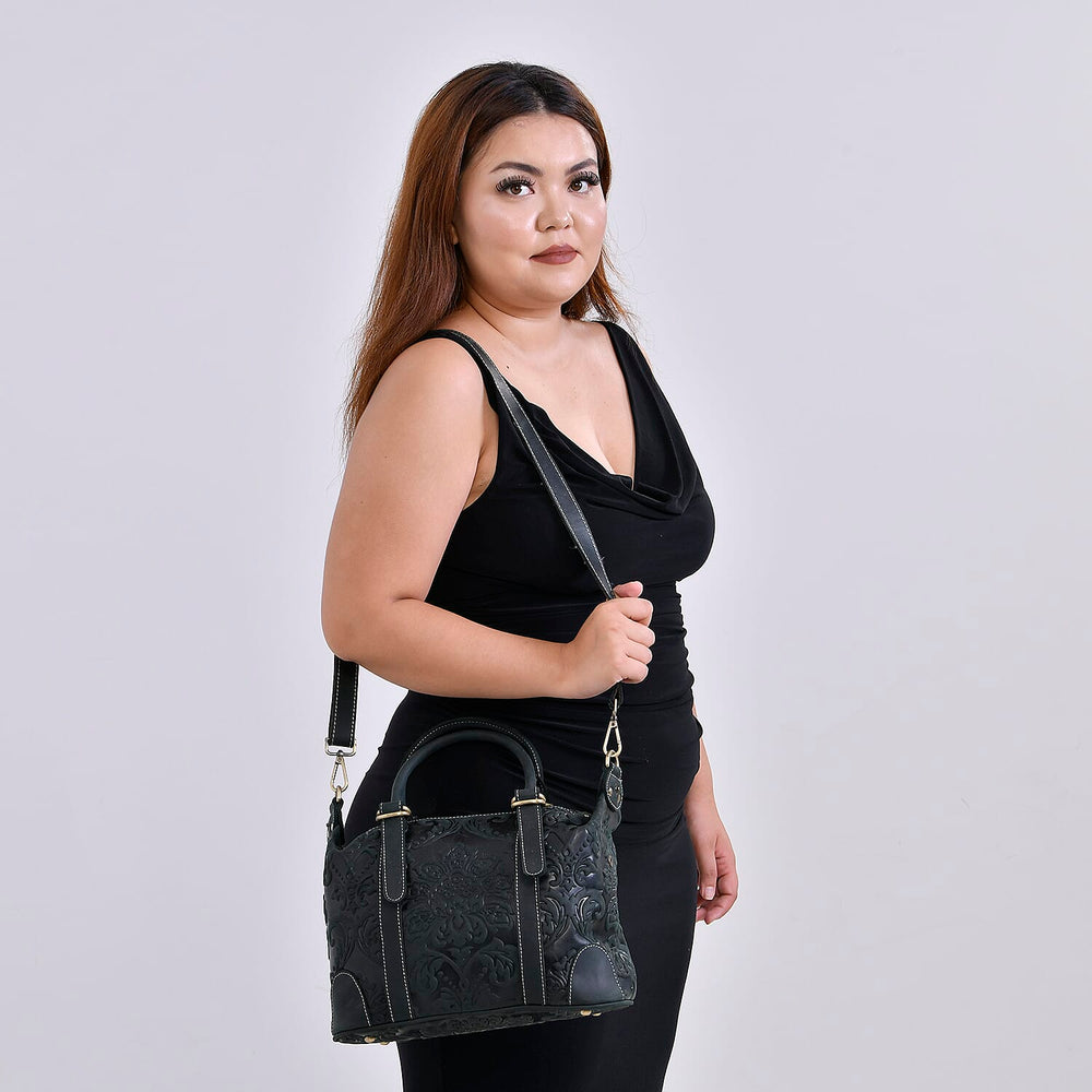 Vintage Boutique - Floral Embossed Genuine Leather Tote Bag With Long Shoulder Strap - Dark Green
