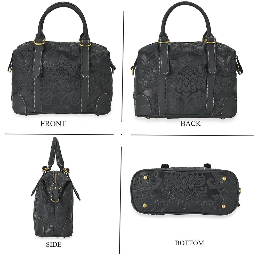 Vintage Boutique - Floral Embossed Genuine Leather Tote Bag With Long Shoulder Strap - Dark Green