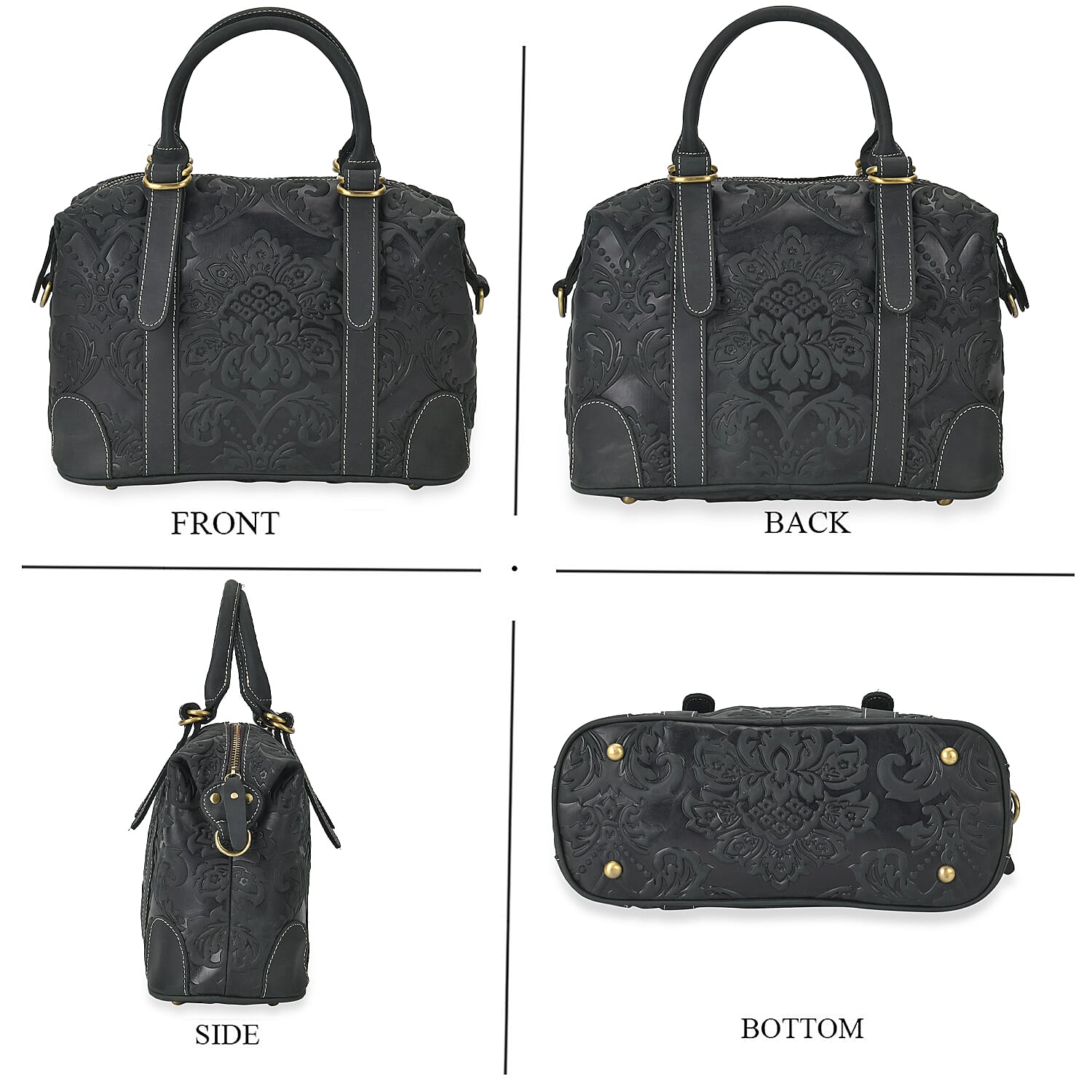 Vintage Boutique - Floral Embossed Genuine Leather Tote Bag With Long Shoulder Strap - Dark Green