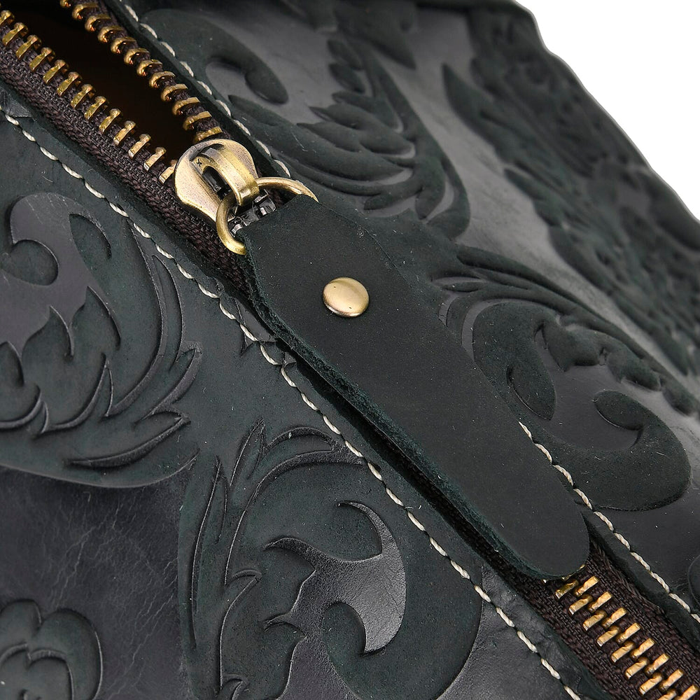 Vintage Boutique - Floral Embossed Genuine Leather Tote Bag With Long Shoulder Strap - Dark Green
