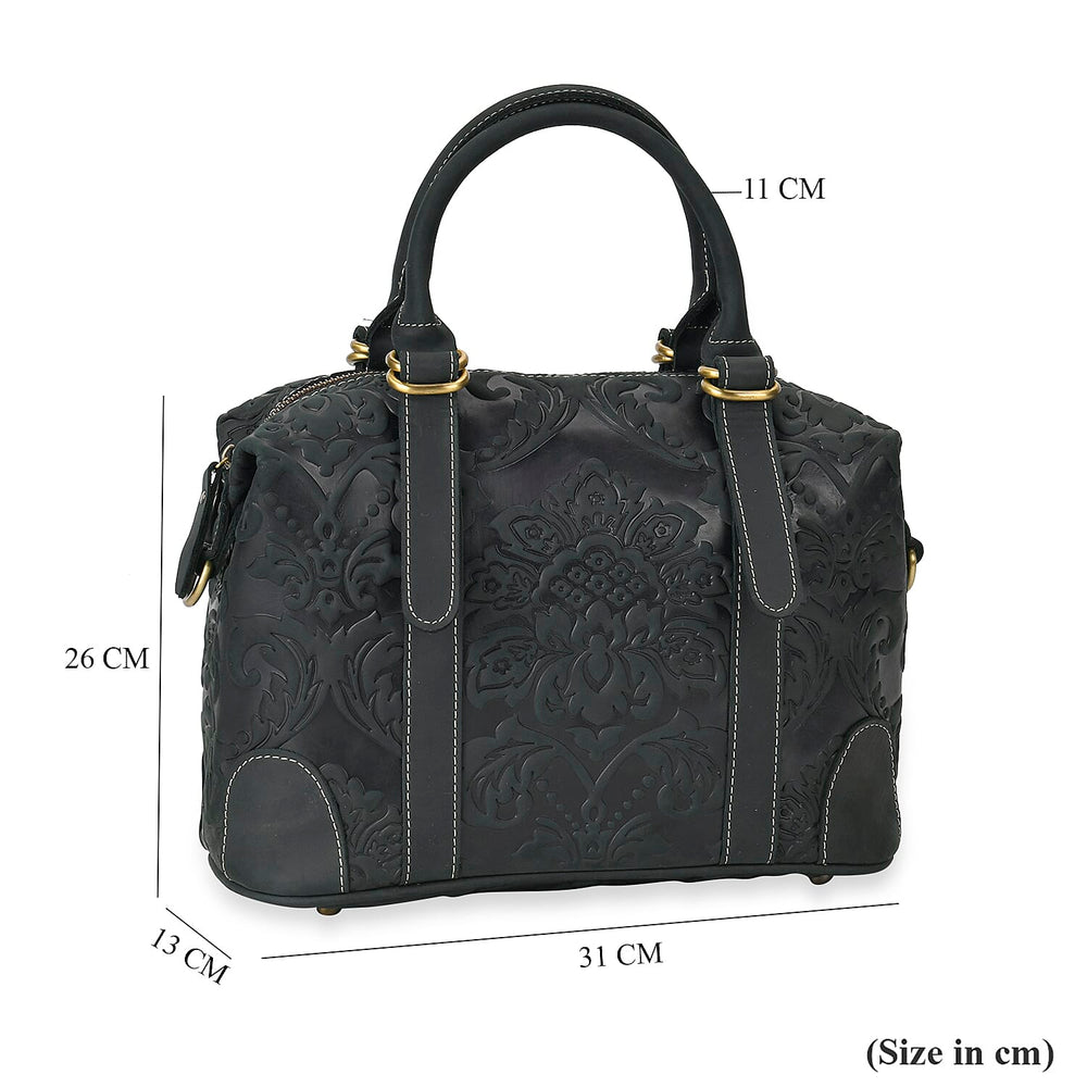 Vintage Boutique - Floral Embossed Genuine Leather Tote Bag With Long Shoulder Strap - Dark Green